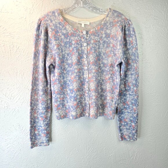 LoveShackFancy Simona Cardigan Sweater Wool Cashmere Blue Floral Cottagecore Top - Picture 1 of 15